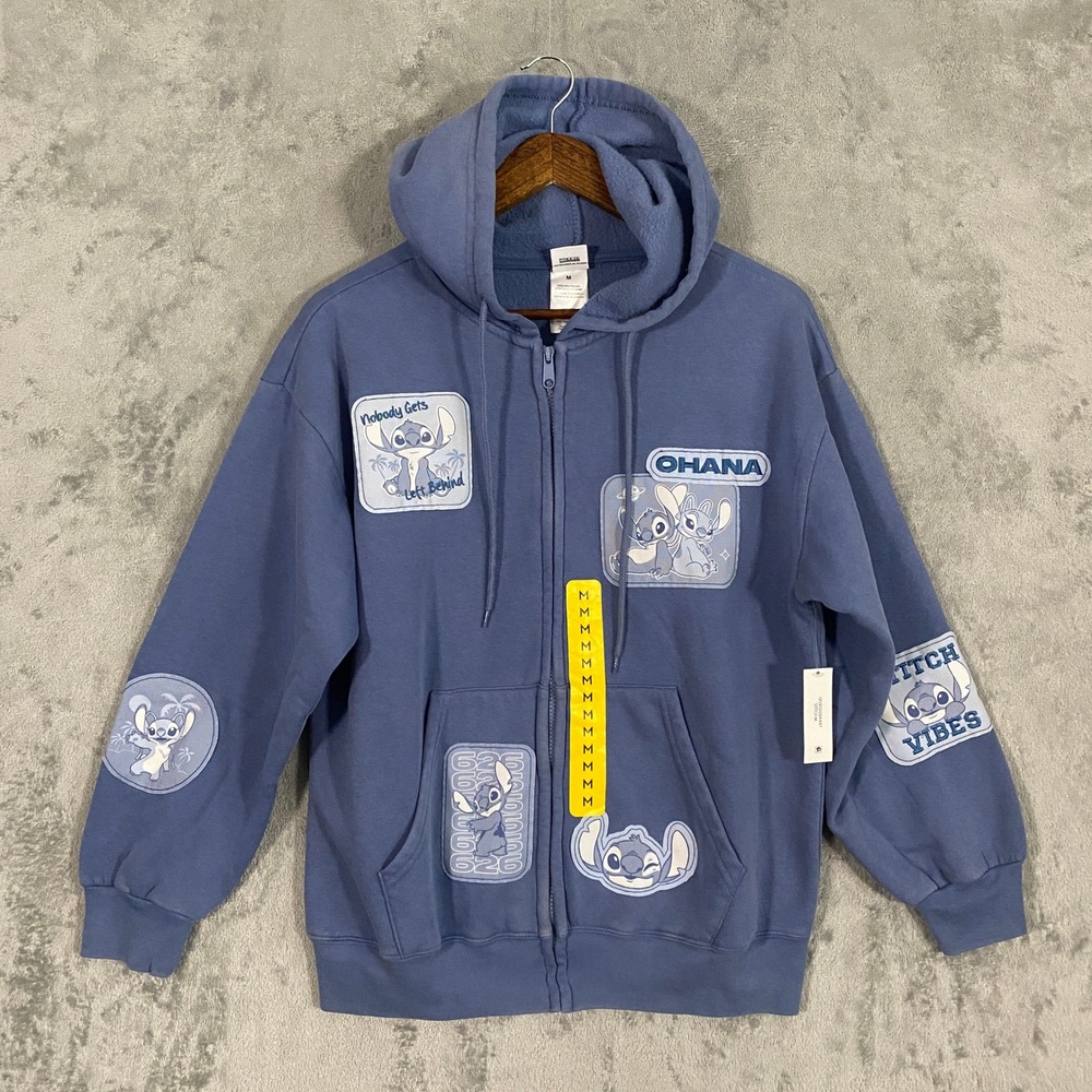 Disney Stitch Hoodie Sz M Blue Multi-Patch Full Zip Graphic Cozy Streetwear NWT